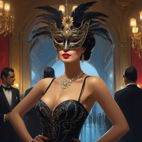 masquerade,venetian mask,art deco woman,the carnival of venice,queen of the night,lady of the night,great gatsby,gold mask,golden mask,art deco,roaring twenties,evening dress,masque,roaring 20's,vesper,femme fatale,the crown,the hat of the woman,gatsby,twenties,Conceptual Art,Sci-Fi,Sci-Fi 07