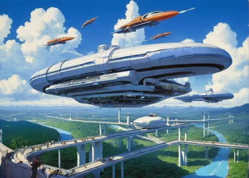 airships,futuristic landscape,airship,sky train,futuristic architecture,maglev,sky space concept,zeppelins,futuristic art museum,air ship,supersonic transport,space tourism,fleet and transportation,air transport,starship,space ships,sky city,futuristic,skycraper,zeppelin,Illustration,Japanese style,Japanese Style 11