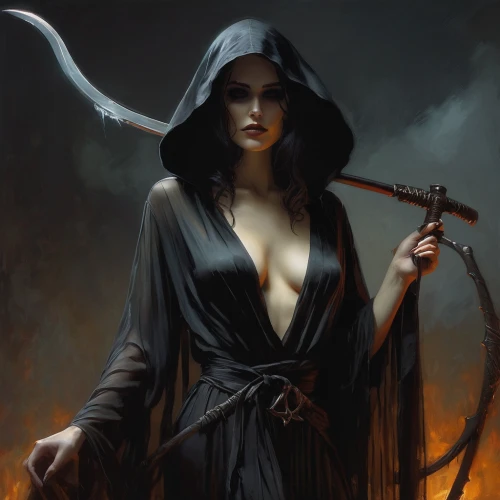 sorceress,scythe,huntress,the witch,dark elf,priestess,the enchantress,swordswoman,witches,angel of death,dark angel,dance of death,bow and arrows,fantasy art,evil woman,grim reaper,heroic fantasy,celebration of witches,witch,grimm reaper,Conceptual Art,Oil color,Oil Color 11