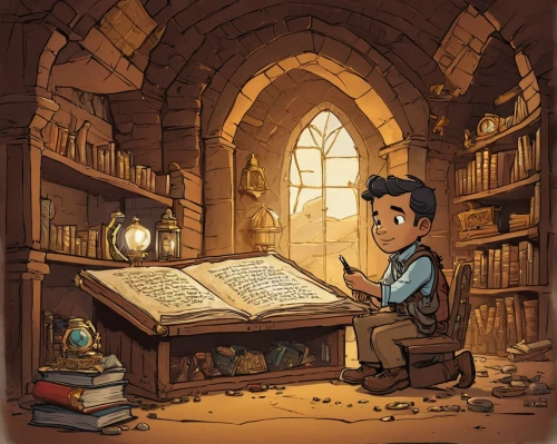 scholar,bookworm,librarian,study room,child with a book,magic book,tutor,apothecary,old library,reading room,open book,tutoring,old books,sci fiction illustration,book store,library,researcher,bookstore,the books,reading,Illustration,Children,Children 04