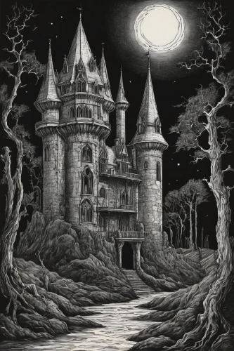 haunted castle,ghost castle,fairy tale castle,witch's house,castle of the corvin,witch house,fairytale castle,castles,magic castle,knight's castle,water castle,castle,bethlen castle,fairy tale,castel,ruined castle,fairy tales,fantasy world,fantasy picture,children's fairy tale,Illustration,Black and White,Black and White 28