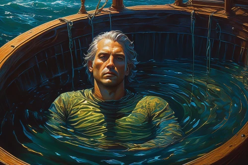 the man in the water,the people in the sea,version john the fisherman,sci fiction illustration,a sinking statue of liberty,the vessel,adrift,seafaring,submerged,god of the sea,seafarer,rotten boat,sea god,the shallow sea,submersible,el mar,waterglobe,oil on canvas,sea man,semi-submersible,Illustration,Realistic Fantasy,Realistic Fantasy 03