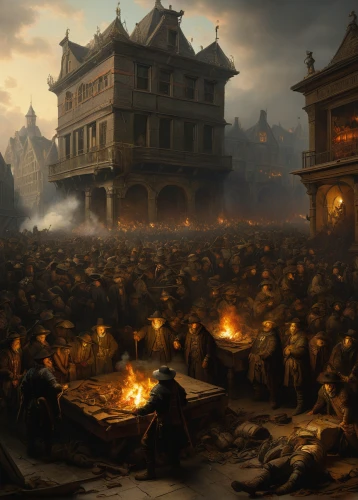 the conflagration,constantinople,kings landing,castle iron market,night scene,the night of kupala,hall of the fallen,medieval market,games of light,warsaw uprising,destroyed city,carpathian,smouldering torches,large market,murder of crows,the market,fantasy art,burning torch,buddhist hell,game of thrones,Art,Classical Oil Painting,Classical Oil Painting 06