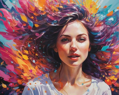 mystical portrait of a girl,painting technique,girl portrait,oil painting on canvas,kahila garland-lily,world digital painting,digital painting,girl in a long,young woman,exploding head,colorful background,digital art,art painting,aura,portrait of a girl,woman thinking,digital artwork,la violetta,portrait background,fantasy portrait,Conceptual Art,Oil color,Oil Color 05