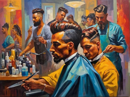 barber shop,barbershop,barber,the long-hair cutter,painting technique,hairdresser,hairdressers,salon,oil painting on canvas,oil on canvas,hair care,pompadour,hairdressing,hairstylist,seller,pomade,oil painting,crew cut,el salvador dali,hair loss,Conceptual Art,Oil color,Oil Color 22