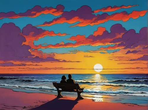 sunset beach,loving couple sunrise,sunset,romantic scene,coast sunset,beach landscape,beach chairs,sunrise beach,beach background,sun and sea,dream beach,beach scenery,beach chair,deckchair,vintage couple silhouette,deckchairs,couple silhouette,sunset glow,setting sun,beach furniture,Illustration,Black and White,Black and White 10