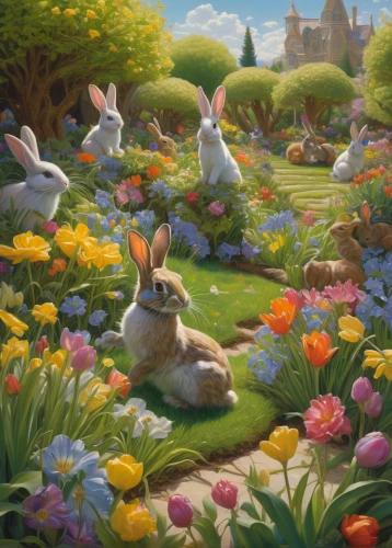 hare field,easter background,rabbits and hares,rabbits,easter rabbits,hares,easter theme,hare trail,springtime background,bunnies,spring background,easter festival,peter rabbit,rabbit family,easter décor,gray hare,children's background,female hares,bunny on flower,easter card,Illustration,Realistic Fantasy,Realistic Fantasy 03
