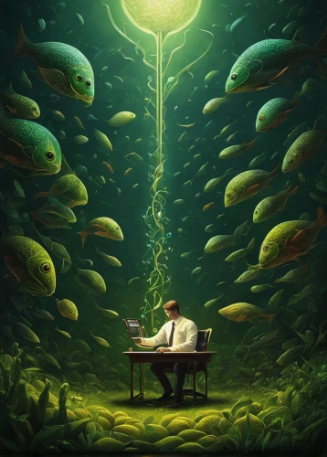 sci fiction illustration,mushroom landscape,surrealism,fantasy picture,forest fish,immersed,game illustration,mushroom island,fireflies,bookworm,parallel world,surrealistic,parallel worlds,under sea,finding,other world,school of fish,aquarium,forest of dreams,self hypnosis,Illustration,Abstract Fantasy,Abstract Fantasy 15