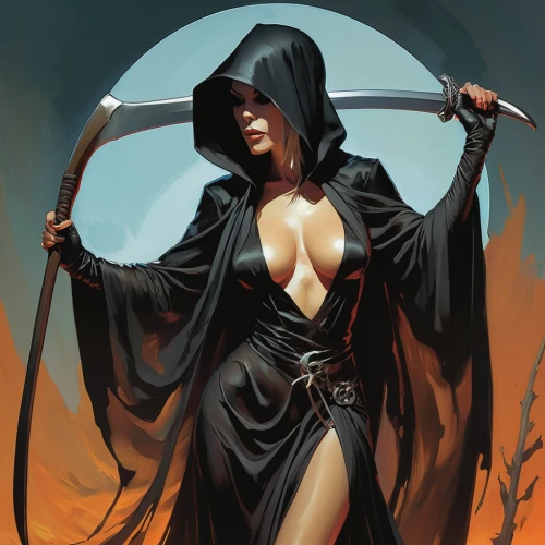 swordswoman,scythe,sorceress,huntress,dance of death,grimm reaper,grim reaper,katana,vampire woman,the witch,evil woman,assassin,quarterstaff,deadly nightshade,darth talon,reaper,seven sorrows,hooded man,witches,the enchantress,Conceptual Art,Oil color,Oil Color 04