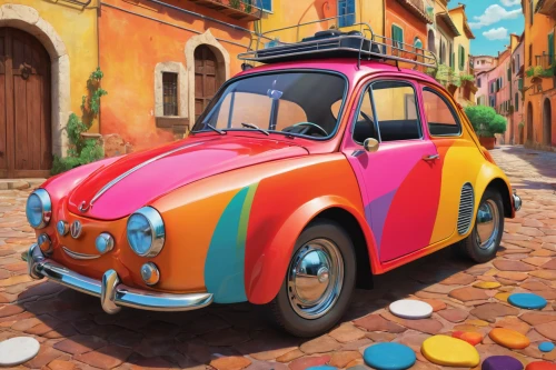 cartoon car,fiat 500 giardiniera,fiat 600,fiat500,fiat 500,cinquecento,volkswagen beetle,fiat 518,flower car,car hop,fiat 501,figaro,volkswagen new beetle,3d car model,fiat cinquecento,2cv,vw beetle,moottero vehicle,1000miglia,piaggio,Art,Classical Oil Painting,Classical Oil Painting 21