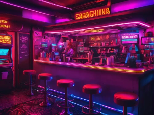 neon cocktails,neon drinks,retro diner,neon coffee,unique bar,bar,piano bar,80s,neon light drinks,liquor bar,ufo interior,nightclub,cinema strip,jukebox,neon sign,drinking establishment,bar counter,cyberpunk,retro styled,game room,Conceptual Art,Sci-Fi,Sci-Fi 27