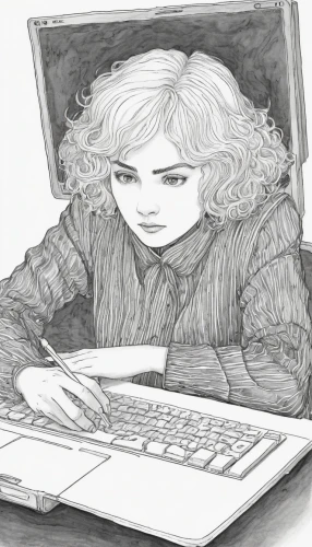 girl at the computer,girl studying,graphics tablet,girl drawing,publish a book online,internet addiction,women in technology,blogging,illustrator,book illustration,computer addiction,laptop,blogs of moms,digitizing ebook,game drawing,computer,typing,freelance,writer,writing-book,Illustration,Black and White,Black and White 13