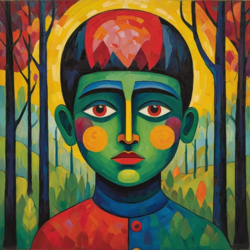 autumn icon,girl with tree,forest man,indigenous painting,buddha,pachamama,child portrait,khokhloma painting,child in park,buddha figure,oil on canvas,bodhisattva,multicolor faces,girl in the garden,buddha focus,indian art,child art,oil painting on canvas,david bates,human head,Art,Artistic Painting,Artistic Painting 36