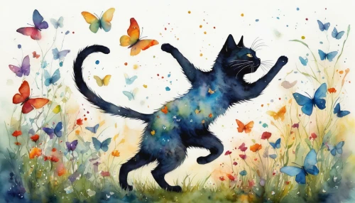 watercolor cat,chasing butterflies,whimsical animals,magpie cat,throwing leaves,watercolor background,cat on a blue background,felidae,wild cat,cat,butterflies,fauna,cats playing,fantasia,watercolor painting,watercolor,leap for joy,the cat,cat vector,feline,Illustration,Abstract Fantasy,Abstract Fantasy 18