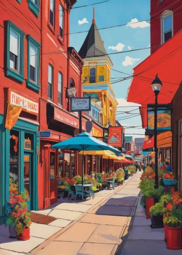 watercolor shops,provincetown,colorful city,nassau,eastern market,maine,colored pencil background,bar harbor,saint john,baltimore,georgetown,quebec,montreal,frontenac,store fronts,saturated colors,street scene,farmers market,shopping street,old linden alley,Conceptual Art,Fantasy,Fantasy 09