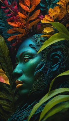 siren,dryad,avatar,neon body painting,flora,poison ivy,rusalka,photosynthesis,girl in a wreath,mother earth statue,fairy peacock,bodypainting,mother nature,water nymph,bodypaint,fallen colorful,fantasy portrait,green mermaid scale,mother earth,peacock,Illustration,Realistic Fantasy,Realistic Fantasy 29