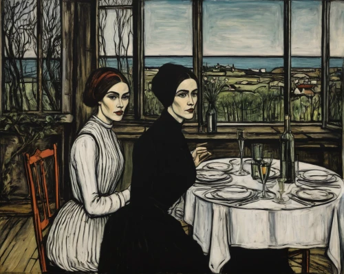women at cafe,david bates,two girls,olle gill,young couple,vincent van gough,post impressionism,dinner for two,bistro,a glass of wine,glass painting,dining,bistrot,the victorian era,apéritif,dinner party,breton,gothic portrait,woman at cafe,young women,Art,Artistic Painting,Artistic Painting 01