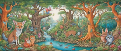 cartoon forest,fairy forest,elven forest,woodland animals,enchanted forest,hare trail,forest animals,forest glade,riparian forest,rabbits and hares,hare field,forest background,rabbits,fairy world,tree grove,fairytale forest,forest of dreams,the forest,fairy village,the forests,Illustration,Abstract Fantasy,Abstract Fantasy 23