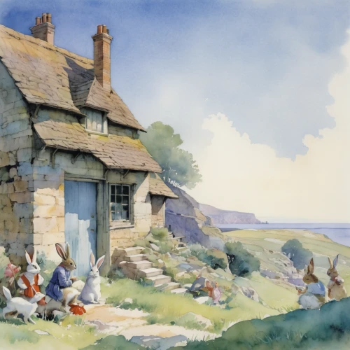 robin hood's bay,thatched cottage,cottage,cottages,hobbiton,summer cottage,ancient house,village life,dorset,thatch roof,thatching,country cottage,cornwall,lincoln's cottage,stone houses,stone house,village scene,watercolour,fisherman's house,home landscape,Illustration,Paper based,Paper Based 23