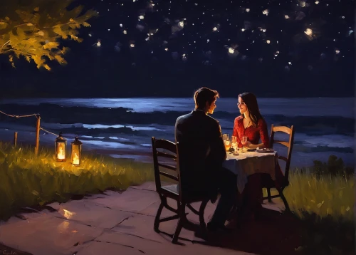 romantic night,romantic dinner,romantic scene,dinner for two,stargazing,starry night,romantic meeting,night scene,romantic,sea night,romantic portrait,date,starry sky,date night,the moon and the stars,the stars,evening atmosphere,night stars,picnic,the night sky,Conceptual Art,Oil color,Oil Color 12