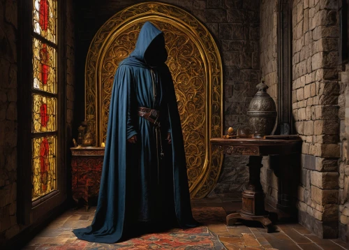 the abbot of olib,cloak,vestment,imperial coat,archimandrite,gothic portrait,benedictine,magistrate,hooded man,abaya,dark cabinetry,medieval hourglass,blue enchantress,candlemas,athos,sepulchre,the nun,clergy,pall-bearer,priest,Art,Classical Oil Painting,Classical Oil Painting 17