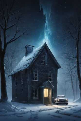 winter house,lonely house,witch house,snow house,winter background,cold room,witch's house,the haunted house,creepy house,haunted house,the cold season,snow scene,house in the forest,winters,winter village,the cabin in the mountains,father frost,log cabin,night scene,night snow,Conceptual Art,Sci-Fi,Sci-Fi 25