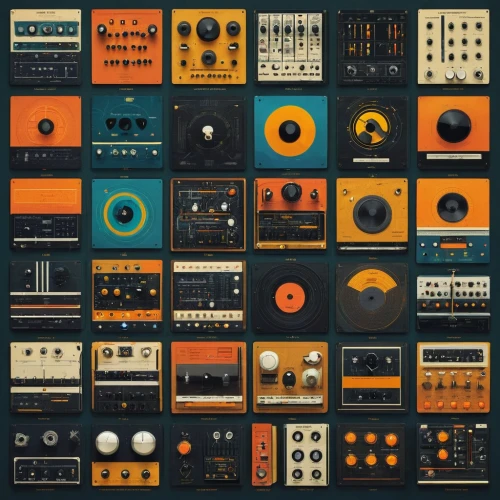 abstract retro,mixing board,vintage wallpaper,systems icons,modular,instruments,set of icons,synthesizers,pieces of orange,retro music,fruit icons,electronics,vintage theme,cassettes,music instruments,fruits icons,audiophile,70s,retro pattern,icon set,Conceptual Art,Sci-Fi,Sci-Fi 17