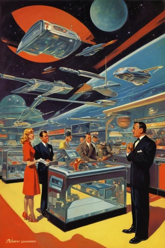 atomic age,science-fiction,science fiction,space tourism,futuristic landscape,flying saucer,cosmonautics day,astronomers,ufo interior,utopian,sky space concept,saucer,satellites,space travel,fifties records,space art,space ships,earth station,radio waves,astronautics,Illustration,Retro,Retro 09