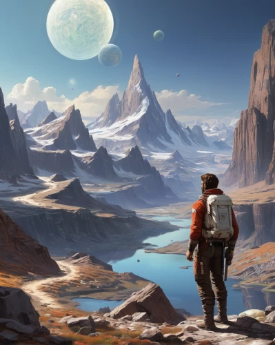 fantasy landscape,futuristic landscape,mountain world,sci fiction illustration,world digital painting,the wanderer,digital nomads,desert planet,giant mountains,barren,wanderer,plains,desert landscape,travelers,concept art,zion,landscape background,earth rise,terraforming,mountains,Art,Classical Oil Painting,Classical Oil Painting 12