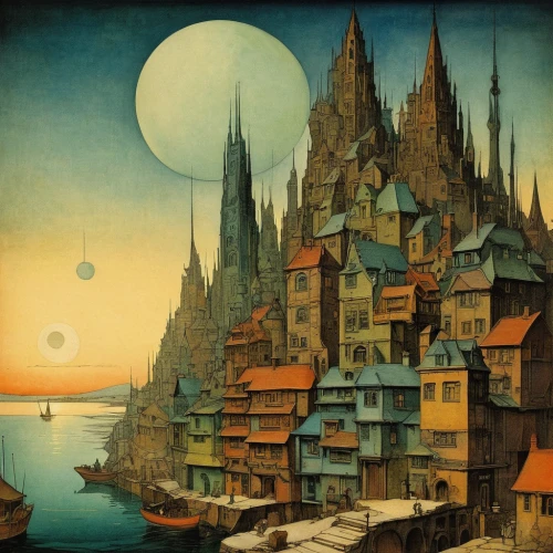 fantasy city,ancient city,townscape,fantasy art,human settlement,vintage art,medieval architecture,city scape,hamelin,city cities,constantinople,fantasy picture,fantasy landscape,wooden houses,fantasy world,escher village,photomontage,stilt houses,house of the sea,sea fantasy,Illustration,Retro,Retro 19