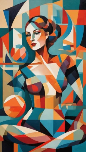 art deco woman,decorative figure,woman sitting,cubism,abstract painting,woman thinking,meticulous painting,fabric painting,woman holding pie,adobe illustrator,girl with cloth,abstract cartoon art,art painting,art deco background,glass painting,girl with a wheel,painting pattern,art deco,geometric body,woman sculpture,Art,Artistic Painting,Artistic Painting 45