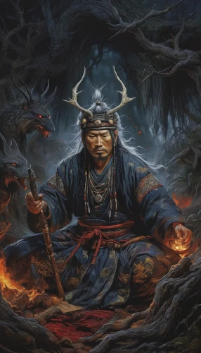 shaman,shamanism,shamanic,carpathian,pall-bearer,death god,death's-head,samurai,prophet,yi sun sin,minotaur,hinnom,high priest,mongolian,bodhisattva,tetragramaton,magus,warlord,pagan,neophyte,Illustration,Japanese style,Japanese Style 18