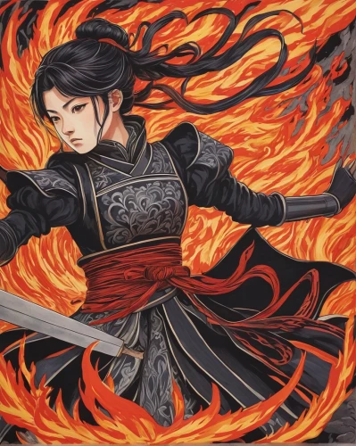 mulan,flame spirit,yi sun sin,flame robin,swordswoman,fire kite,fire siren,dragon li,fiery,fire artist,fire background,fire master,female warrior,katana,dancing flames,woman fire fighter,xiaochi,fire angel,fire dance,samurai,Illustration,Black and White,Black and White 15