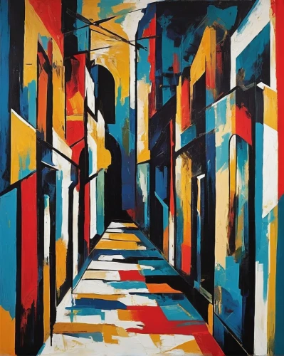 colorful city,narrow street,abstract painting,mondrian,alley,passage,alleyway,townscape,street scene,row houses,laneway,the street,oil painting on canvas,cityscape,urban,art painting,urban landscape,apartment blocks,city blocks,city scape,Art,Artistic Painting,Artistic Painting 42