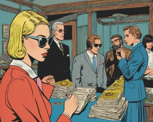 blonde woman reading a newspaper,businesswomen,business appointment,business women,bank teller,blonde sits and reads the newspaper,woman in menswear,business people,white-collar worker,salesgirl,notary,businesswoman,vintage illustration,lawyers,attorney,jury,attache case,lawyer,bookselling,paperwork,Illustration,American Style,American Style 15