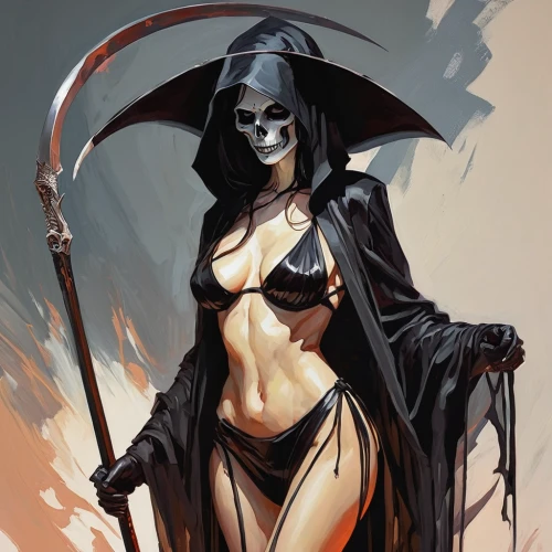 dance of death,grim reaper,grimm reaper,reaper,dark elf,sorceress,voodoo woman,huntress,undead warlock,death god,crossbones,widow,angel of death,skull rowing,vampire woman,deadly nightshade,scythe,skull bones,scull,pirate,Conceptual Art,Oil color,Oil Color 08