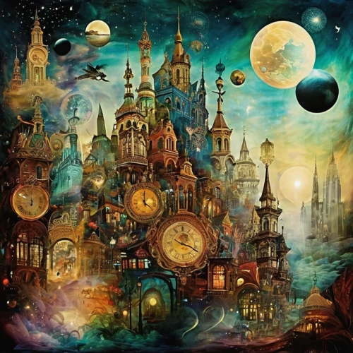fantasy city,dream world,fantasy art,fantasy world,fantasy picture,clockmaker,fairy tale icons,clocks,dreamland,moon phase,fantasy landscape,phase of the moon,children's background,background image,fairy world,astronomical clock,flow of time,four o'clocks,fantasia,time spiral,Illustration,Realistic Fantasy,Realistic Fantasy 37