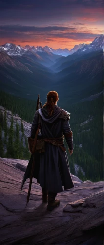 the wanderer,dusk background,trolltunga,the spirit of the mountains,world digital painting,mountain guide,bard,mountain sunrise,mountaineer,fantasy picture,robin hood,lone warrior,sentinel,mountaineers,northrend,guards of the canyon,wanderer,night watch,jrr tolkien,heroic fantasy,Illustration,Realistic Fantasy,Realistic Fantasy 07