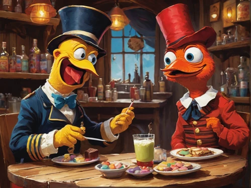 ernie and bert,fry ducks,beaker,sesame street,the muppets,mandarin ducks,drinking party,chicken run,ducks,anthropomorphized animals,business icons,entertainers,avian flu,donald duck,chefs,game illustration,foodies,craftsmen,drinking establishment,artists,Conceptual Art,Oil color,Oil Color 09