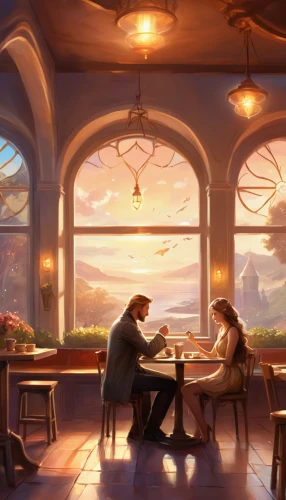 tearoom,the coffee shop,romantic scene,romantic meeting,romantic dinner,watercolor cafe,coffee shop,evening atmosphere,diner,breakfast room,coffeehouse,paris cafe,cg artwork,breakfast table,overlook,dandelion hall,cafe,violet evergarden,afternoon tea,ballroom,Illustration,Realistic Fantasy,Realistic Fantasy 01