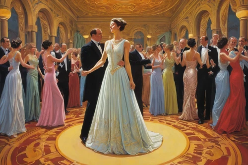 ballroom,ballroom dance,bridal party dress,ball gown,kristbaum ball,the ball,cotillion,pageant,golden weddings,debutante,wedding dresses,wedding dress train,art deco,bridal clothing,wedding gown,evening dress,the crown,waltz,oil painting on canvas,great gatsby,Illustration,Retro,Retro 14