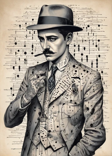 inspector,gentleman icons,suit of spades,sherlock holmes,investigator,charlie chaplin,vintage drawing,chaplin,cryptography,game illustration,holmes,itinerant musician,illustrator,conductor,magician,al capone,aristocrat,theoretician physician,chess player,stylograph,Illustration,Black and White,Black and White 25