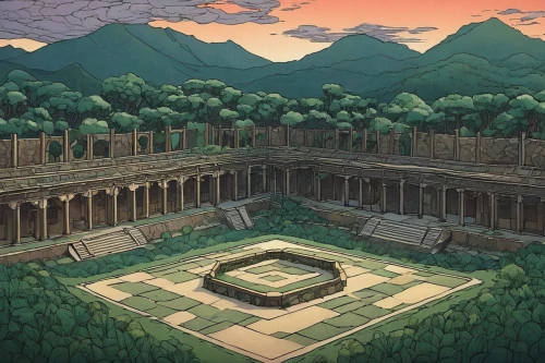 artemis temple,ancient city,courtyard,hall of supreme harmony,candi rara jonggrang,borobudur,ancient buildings,maya civilization,alhambra,palace garden,palace,stone palace,pompeii,the ruins of the palace,marble palace,palace of knossos,khokhloma painting,temples,ancient house,coliseum,Illustration,Japanese style,Japanese Style 15