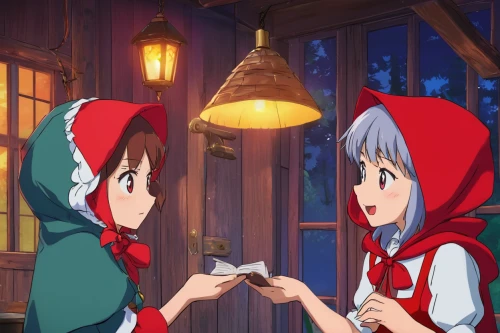 little red riding hood,red riding hood,handshaking,card lovers,heart in hand,delivery service,hands holding,santa hats,elves,exchange of ideas,silver agouti,red cooking,teatime,handshake,transaction,fortune cookies,strawberry jam,takoyaki,card payment,red string,Illustration,Japanese style,Japanese Style 03