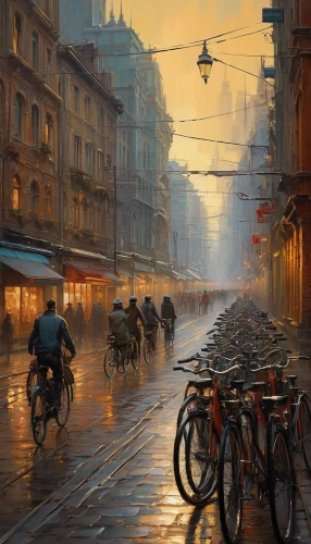evening atmosphere,saintpetersburg,bicycles,city scape,andreas cross,saint petersburg,arbat street,st petersburg,evening city,early evening,prague,world digital painting,oil painting on canvas,street scene,in the evening,hanoi,via roma,warsaw,lev lagorio,bike city,Art,Classical Oil Painting,Classical Oil Painting 18