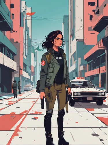 pedestrian,vector girl,freelancer,a pedestrian,sci fiction illustration,wanderer,city ​​portrait,nomad,parka,post apocalyptic,city trans,cyberpunk,girl walking away,operator,stroll,jacket,crossing,girl with a gun,traveler,woman walking,Illustration,Japanese style,Japanese Style 06