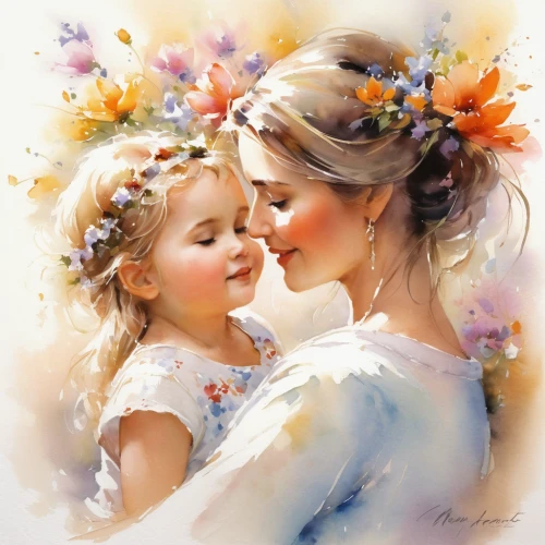 little girl and mother,mother kiss,mother's,happy mother's day,tenderness,mother and daughter,flower painting,little girls,capricorn mother and child,mothers love,mother,watercolor wreath,floral wreath,mom and daughter,mother with child,romantic portrait,baby with mom,motherly love,blooming wreath,motherday,Conceptual Art,Oil color,Oil Color 03