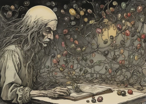 candlemaker,apothecary,the collector,divination,jrr tolkien,the wizard,book illustration,gandalf,magus,the witch,sci fiction illustration,watchmaker,peddler,apple harvest,hobbit,hand-drawn illustration,clockmaker,arthur rackham,fortune teller,alchemy,Illustration,Retro,Retro 25