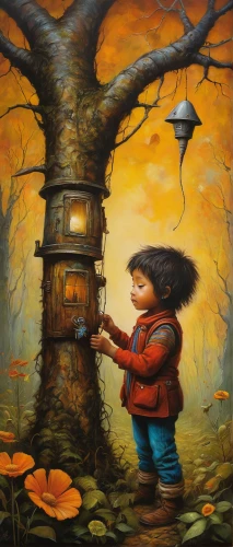 lamplighter,girl with tree,tree torch,autumn chores,little girl in wind,art painting,pinocchio,geppetto,the pied piper of hamelin,wishing well,children's background,oil painting on canvas,fairy door,children's fairy tale,autumn decoration,cloves schwindl inge,fairy house,to collect chestnuts,birdhouses,the collector,Illustration,Realistic Fantasy,Realistic Fantasy 34
