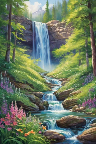 landscape background,mountain stream,mountain spring,forest landscape,nature landscape,brook landscape,forest background,salt meadow landscape,waterfall,river landscape,mountain scene,a small waterfall,waterfalls,brown waterfall,cascades,natural landscape,ilse falls,cartoon video game background,mountain landscape,background view nature,Illustration,Paper based,Paper Based 09